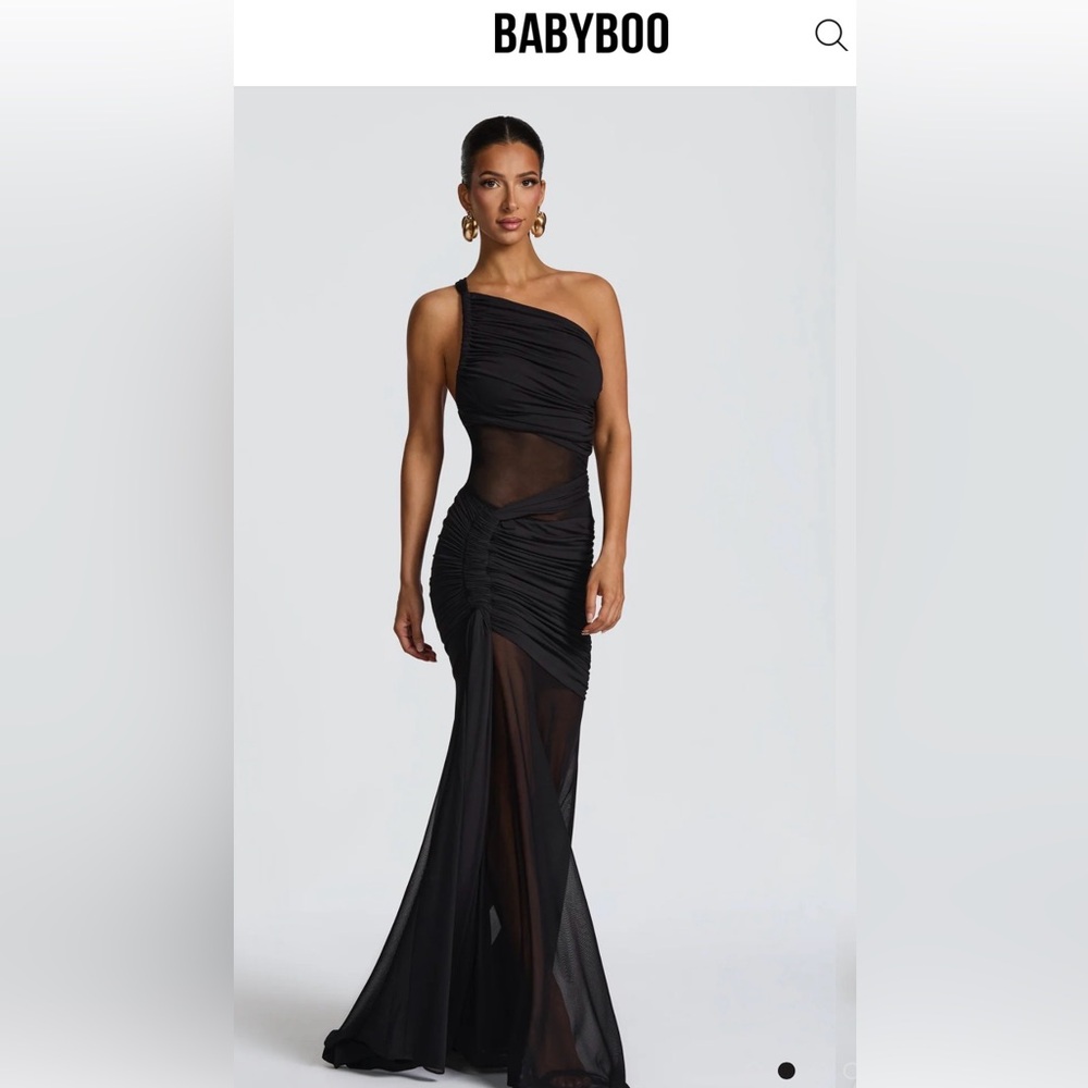 Asymmetric One-Shoulder Ruched Mesh Dress in Black